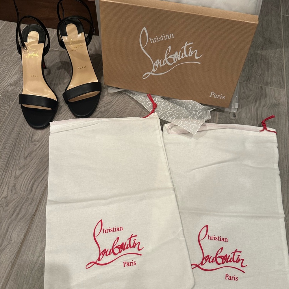 Brand new Christian Louboutin Black Leather Heels with Ankle Strap. Size 37.5!!